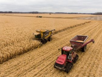 Harvest of corn in Southwest Michigan. This combine fills up the tractor and trailer with corn.