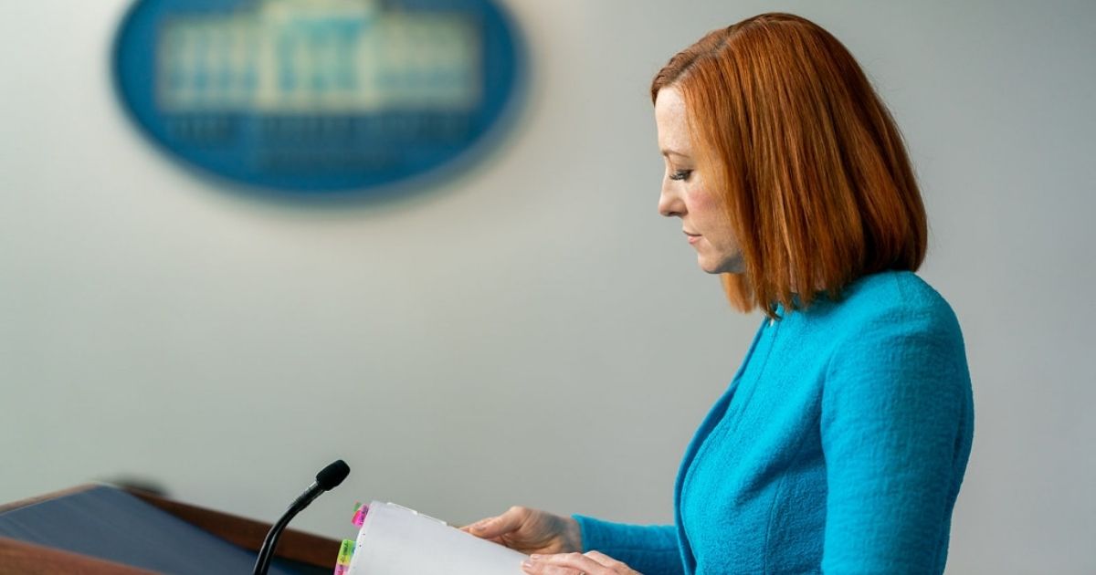 White House Press Secretary Jen Psaki pauses for a moment as she addresses reporters on Thursday, April 15, 2021, in the James S. Brady Press Briefing Room of the White House. (Official White House Photo by Cameron Smith)