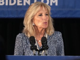 Former Second Lady of the United States Jill Biden speaking with supporters of former Vice President Joe Biden at a community event at the Best Western Regency Inn in Marshalltown, Iowa.