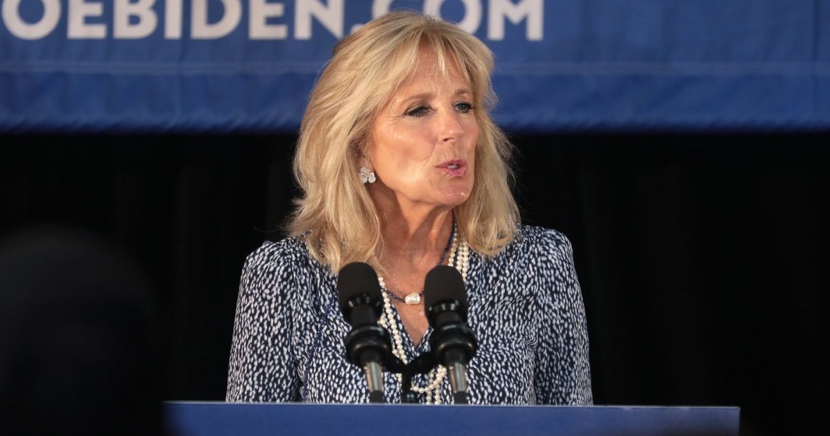 Former Second Lady of the United States Jill Biden speaking with supporters of former Vice President Joe Biden at a community event at the Best Western Regency Inn in Marshalltown, Iowa.