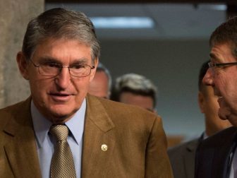 Secretary of Defense Ash Carter speaks with U.S. Senator for West Virginia, Joe Manchin as Carter arrives to testify before the Senate Armed Services Committee on U.S. military strategy in the Middle East Oct. 27, 2015. (Photo by Senior Master Sgt. Adrian Cadiz)(