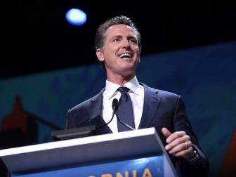 Governor Gavin Newsom speaking with attendees at the 2019 California Democratic Party State Convention at the George R. Moscone Convention Center in San Francisco, California.