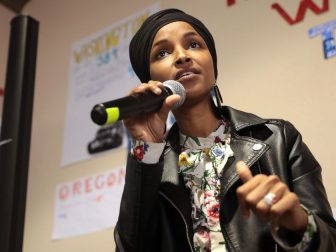 U.S. Congresswoman Ilhan Omar speaking with supporters of U.S. Senator Bernie Sanders at a canvass launch at the Bernie Sanders for President southwest campaign office in Las Vegas, Nevada.