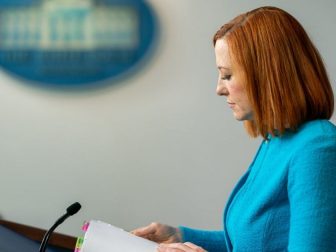 White House Press Secretary Jen Psaki pauses for a moment as she addresses reporters on Thursday, April 15, 2021, in the James S. Brady Press Briefing Room of the White House. (Official White House Photo by Cameron Smith)