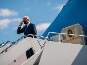 President Joe Biden disembarks Air Force One at Chennault International Airport in Lake Charles, Louisiana, Thursday, May 6, 2021.