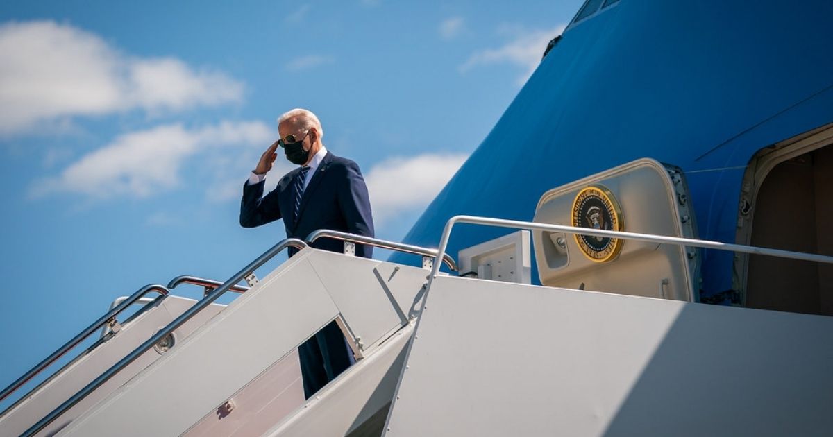 President Joe Biden disembarks Air Force One at Chennault International Airport in Lake Charles, Louisiana, Thursday, May 6, 2021.