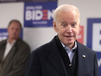 Former Vice President of the United States Joe Biden speaking with supporters at a phone bank at his presidential campaign office in Des Moines, Iowa.