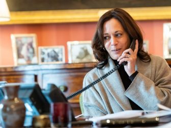 Vice President Kamala Harris talks on the phone with French President Emmanuel Macron Monday, Feb. 15, 2021, at the Blair House in Washington, D.C.