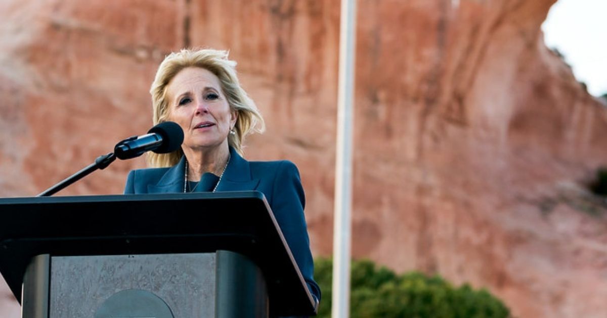 First Lady Jill Biden delivers remarks during a live radio address to the Navajo Nation on Thursday, April 22, 2021, at Window Rock Navajo Tribal Park & Veteran's Memorial in Window Rock, Arizona. (Official White House Photo by Cameron Smith)