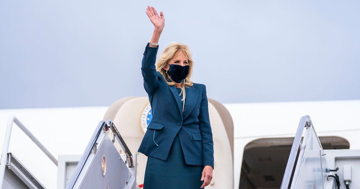 First Lady Jill Biden arrives at Sumter Smith Air National Guard Base in Birmingham, Alabama on Friday, April 9, 2021, as part of the “Help is Here Tour”, in support of the American Rescue Plan. (Official White House Photo by Cameron Smith)