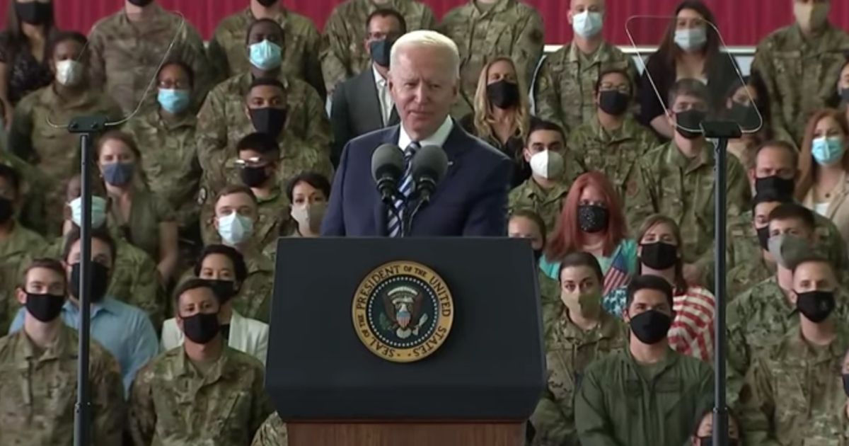 President Joe Biden delivers remarks to American forces at Royal Air Force Mildenhall in the United Kingdom on Wednesday.