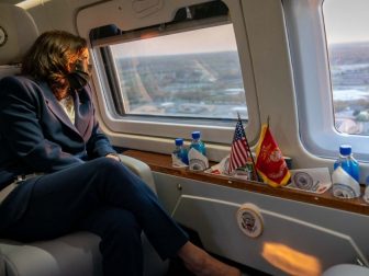 Vice President Kamala Harris looks out the windows of Marine Two as she flies over Washington, D.C. Tuesday, April 6, 2021, en route to the Vice President’s Residence in Washington, D.C. (Official White House Photo by Lawrence Jackson)