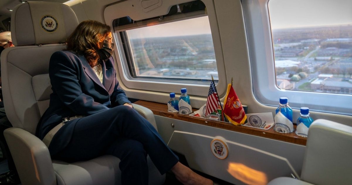 Vice President Kamala Harris looks out the windows of Marine Two as she flies over Washington, D.C. Tuesday, April 6, 2021, en route to the Vice President’s Residence in Washington, D.C. (Official White House Photo by Lawrence Jackson)