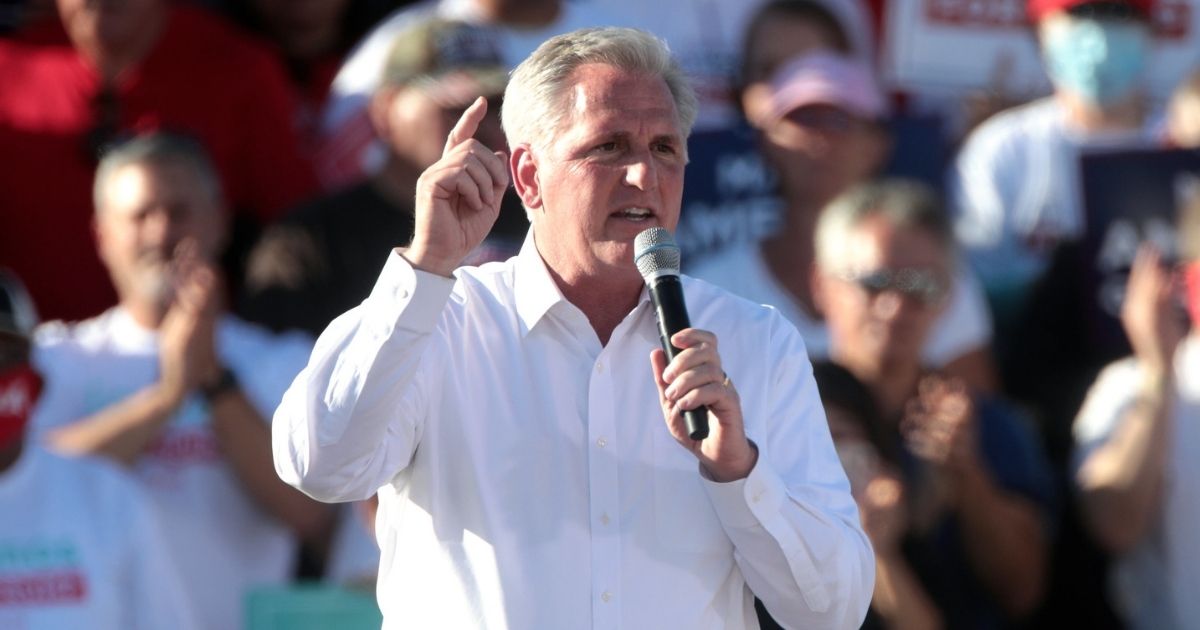 House Minority Leader Kevin McCarthy speaking with supporters of President of the United States Donald Trump at a "Make America Great Again" campaign rally at Phoenix Goodyear Airport in Goodyear, Arizona.