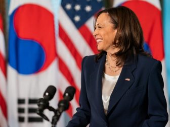 Vice President Kamala Harris greets South Korean President Moon Jae-in Friday, May 21, 2021, in the Vice President’s Ceremonial Office in the Eisenhower Executive Office Building at the White House.