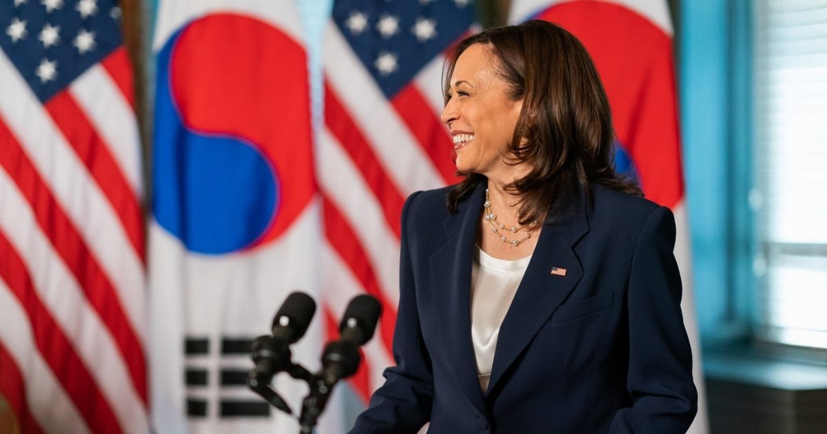 Vice President Kamala Harris greets South Korean President Moon Jae-in Friday, May 21, 2021, in the Vice President’s Ceremonial Office in the Eisenhower Executive Office Building at the White House.