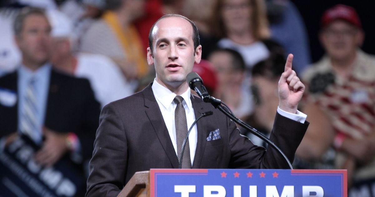 Stephen Miller speaking with supporters of Donald Trump at a rally at Veterans Memorial Coliseum at the Arizona State Fairgrounds in Phoenix, Arizona.