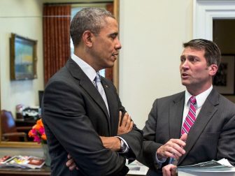 President Barack Obama speaks with Dr. Ronny Jackson in the Outer Oval Office, Feb. 21, 2014. (Official White House Photo by Pete Souza)