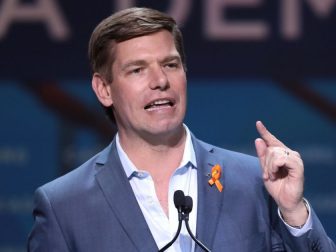 U.S. Congressman Eric Swalwell speaking with attendees at the 2019 California Democratic Party State Convention at the George R. Moscone Convention Center in San Francisco, California.