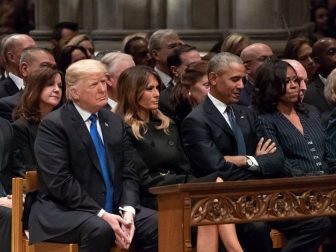 President Donald J. Trump and First Lady Melania Trump join former President Barack Obama and First Lady Michelle Obama, former President Bill Clinton and First Lady Hillary Clinton and former President Jimmy Carter and First Lady Rosalynn Carter at the funeral service for former President George H. W. Bush Wednesday, Dec. 5, 2018, at the Washington National Cathedral in Washington, D.C. (Official White House Photo by Andrea Hanks)
