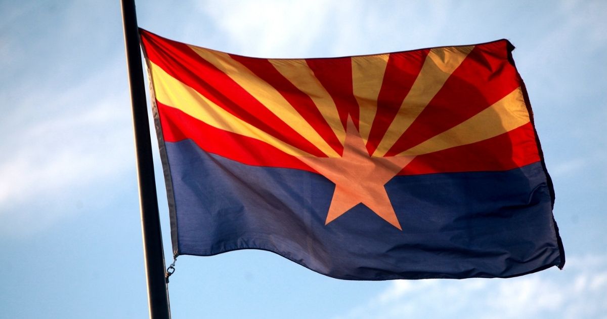 The Arizona flag outside the Arizona Capitol Museum in Phoenix, Arizona.