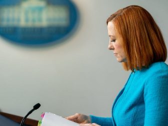 White House Press Secretary Jen Psaki pauses for a moment as she addresses reporters on Thursday, April 15, 2021, in the James S. Brady Press Briefing Room of the White House. (Official White House Photo by Cameron Smith)