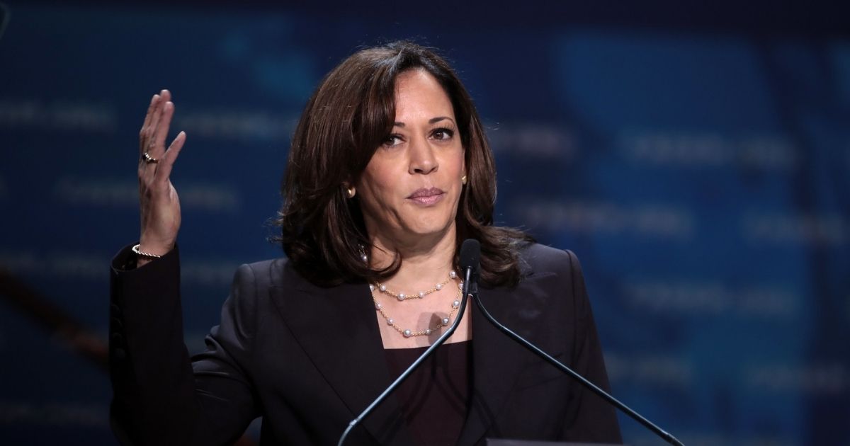 U.S. Senator Kamala Harris speaking with attendees at the 2019 California Democratic Party State Convention at the George R. Moscone Convention Center in San Francisco, California.