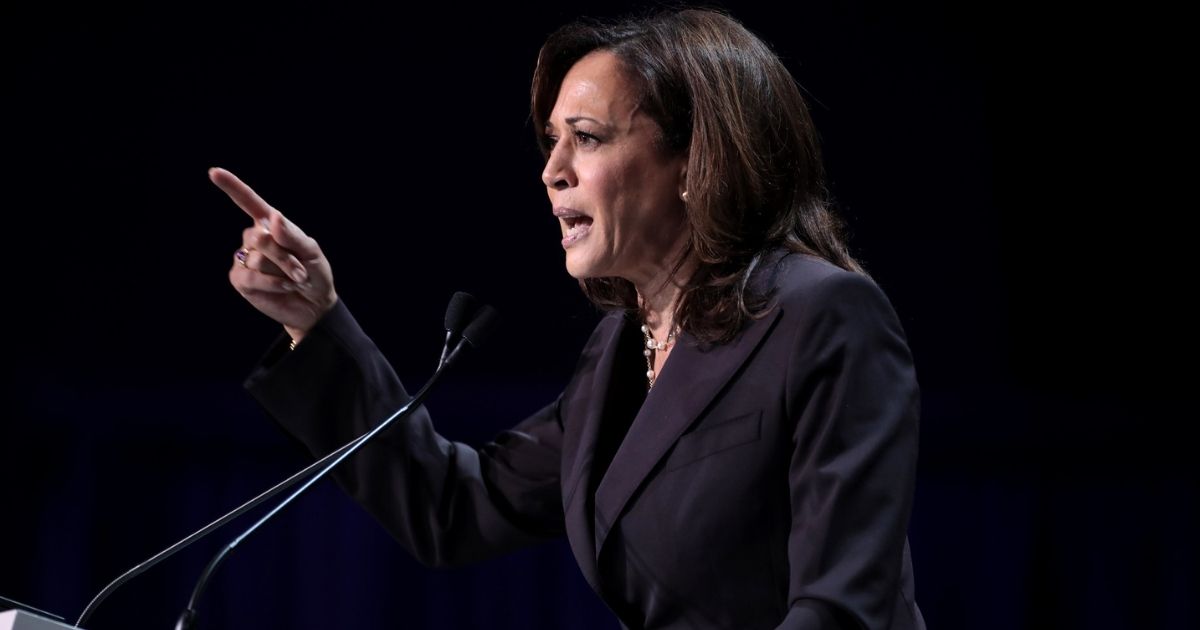 U.S. Senator Kamala Harris speaking with attendees at the 2019 California Democratic Party State Convention at the George R. Moscone Convention Center in San Francisco, California.