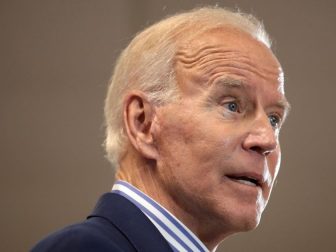 Former Vice President of the United States Joe Biden speaking with supporters at a town hall hosted by the Iowa Asian and Latino Coalition at Plumbers and Steamfitters Local 33 in Des Moines, Iowa.