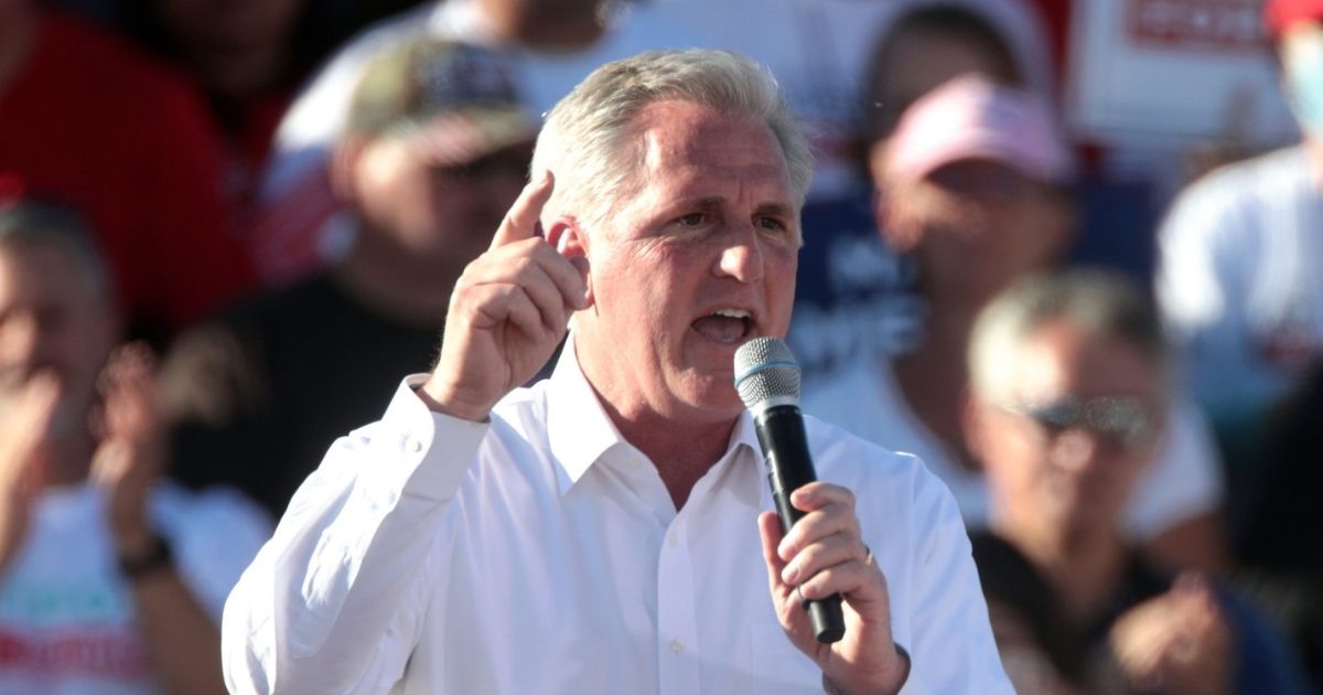 House Minority Leader Kevin McCarthy speaking with supporters of President of the United States Donald Trump at a "Make America Great Again" campaign rally at Phoenix Goodyear Airport in Goodyear, Arizona.