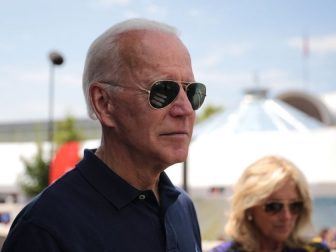 Former Vice President of the United States Joe Biden and former Second Lady of the United States Jill Biden speaking with supporters at the Des Moines Register's Political Soapbox at the 2019 Iowa State Fair in Des Moines, Iowa.