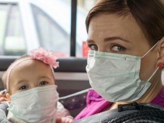 mother and daughter wearing pollution protection masks in taxi