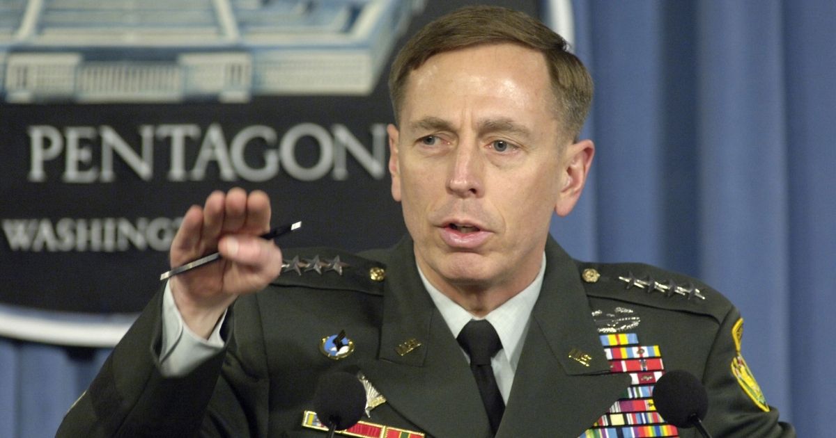 Then-U.S. Army Gen. David H. Petraeus briefs reporters at the Pentagon on April 26, 2007.