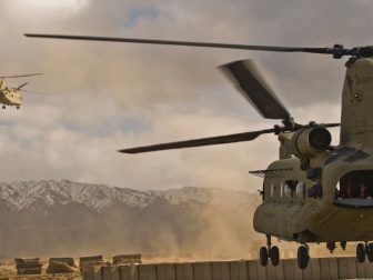 U.S. Army CH-47 Chinook helicopters depart Forward Operating Base Wolverine, Afghanistan, Dec. 15, 2009. (DoD photo by Tech. Sgt. Efren Lopez, U.S. Air Force/Released)