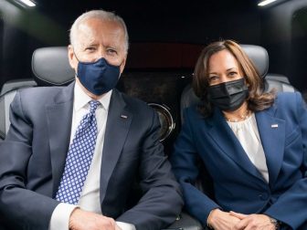 President Joe Biden and Vice President Kamala Harris pose for a photo as they ride in the Presidential limousine from Emory University in Atlanta Friday, March 19, 2021, to Peachtree Dekalb Airport. (Official White House Photo by Adam Schultz)