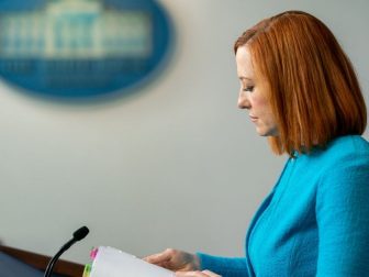 White House press secretary Jen Psaki pauses for a moment as she addresses reporters on April 15.