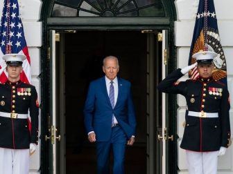 President Joe Biden arrives to delivers remarks to essential and frontline workers and military families attending the Fourth of July celebration, Sunday, July 4, 2021, on the South Lawn of the White House. (Official White House Photo by Katie Ricks)