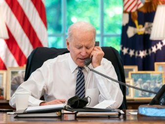 President Joe Biden speaks on the phone with Israeli Prime Minister Benjamin Netanyahu on Wednesday, May 12, 2021, in the Oval Office of the White House. (Official White House Photo by Adam Schultz)