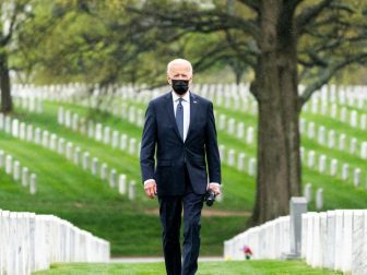 President Joe Biden arrives to lay a wreath and observes a moment of silence on Wednesday, April 14, 2021, at Arlington, National Cemetery in Arlington, Virginia. (Official White House Photo by Cameron Smith)