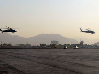 U.S. Secretary of State John Kerry and his traveling party take off for a meeting in Kabul, Afghanistan, with Afghan President Hamid Karzai on October 11, 2013. [State Department photo/ Public Domain]