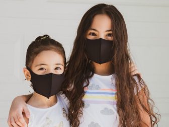 Elementary school girls wearing masks