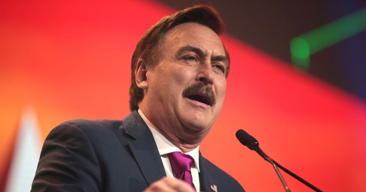 Mike Lindell speaking with attendees at the 2020 Student Action Summit hosted by Turning Point USA at the Palm Beach County Convention Center in West Palm Beach, Florida.