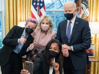 President Joe Biden and First Lady Jill Biden pose for a selfie with U.S. Women’s National soccer players, Megan Rapinoe and Margaret “Midge” Purce Wednesday, March 24, 2021, in the Oval Office of the White House.