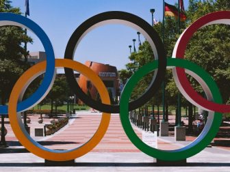 The Olympic rings are shown in Centennial Olympic Park in Atlanta.