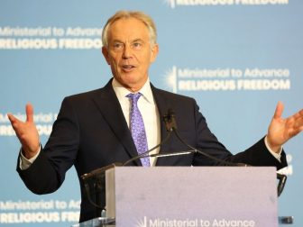 Former British Prime Minister Tony Blair delivers remarks at the Ministerial to Advance Religious Freedom at the U.S. Department of State in Washington D.C. on July 17, 2019. [State Department photo by Ralph Alswang/ Public Domain]