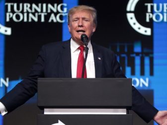 Former President of the United States Donald Trump speaking with attendees at the "Rally to Protect Our Elections" hosted by Turning Point Action at Arizona Federal Theatre in Phoenix, Arizona.