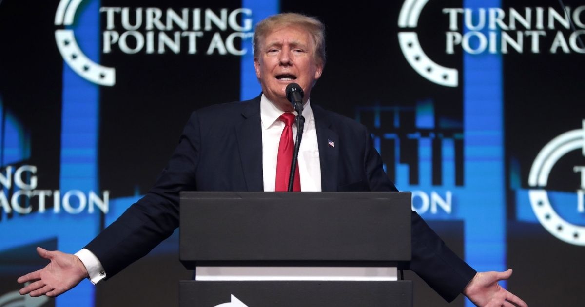 Former President of the United States Donald Trump speaking with attendees at the "Rally to Protect Our Elections" hosted by Turning Point Action at Arizona Federal Theatre in Phoenix, Arizona.