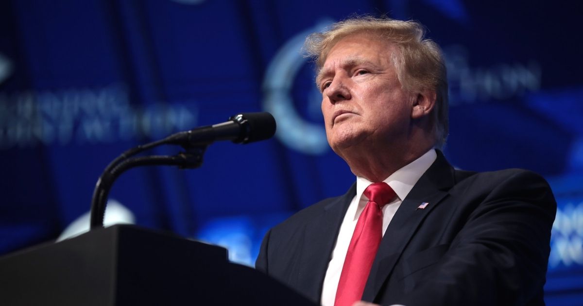 Former President of the United States Donald Trump speaking with attendees at the "Rally to Protect Our Elections" hosted by Turning Point Action at Arizona Federal Theatre in Phoenix, Arizona.