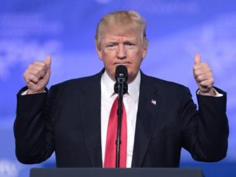 resident of the United States Donald Trump speaking at the 2017 Conservative Political Action Conference (CPAC) in National Harbor, Maryland.