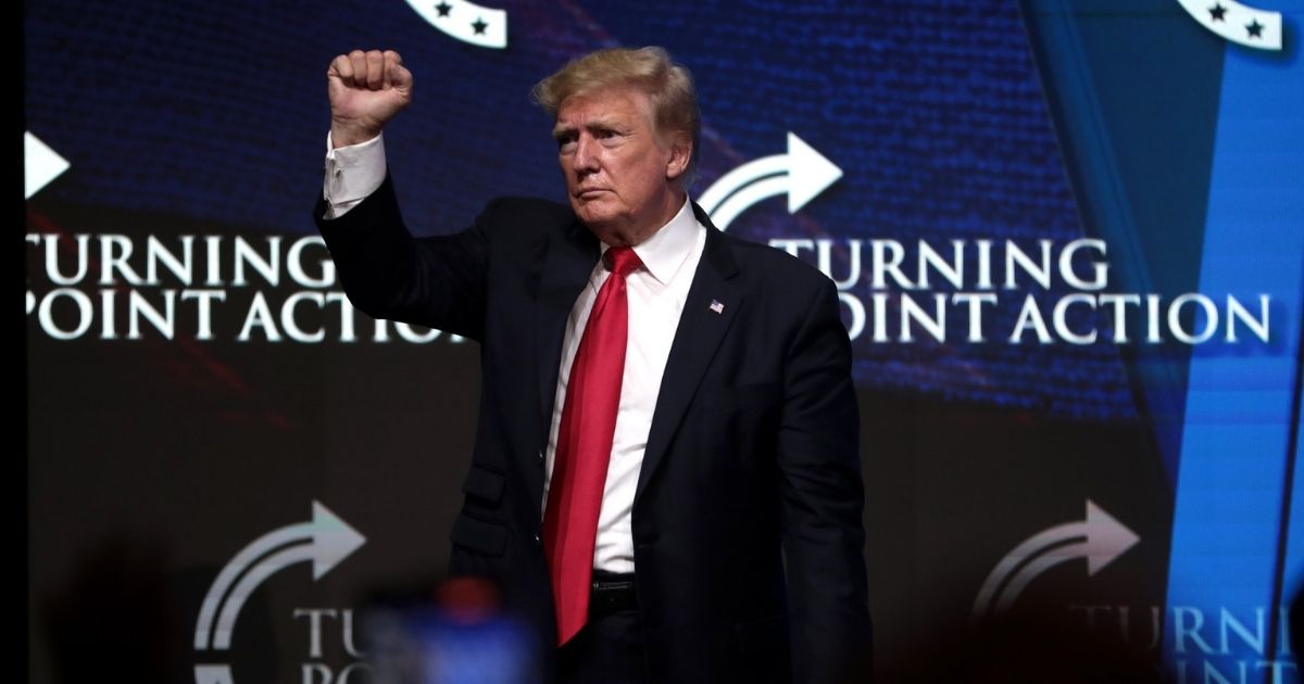 Former President of the United States Donald Trump speaking with attendees at the "Rally to Protect Our Elections" hosted by Turning Point Action at Arizona Federal Theatre in Phoenix, Arizona.